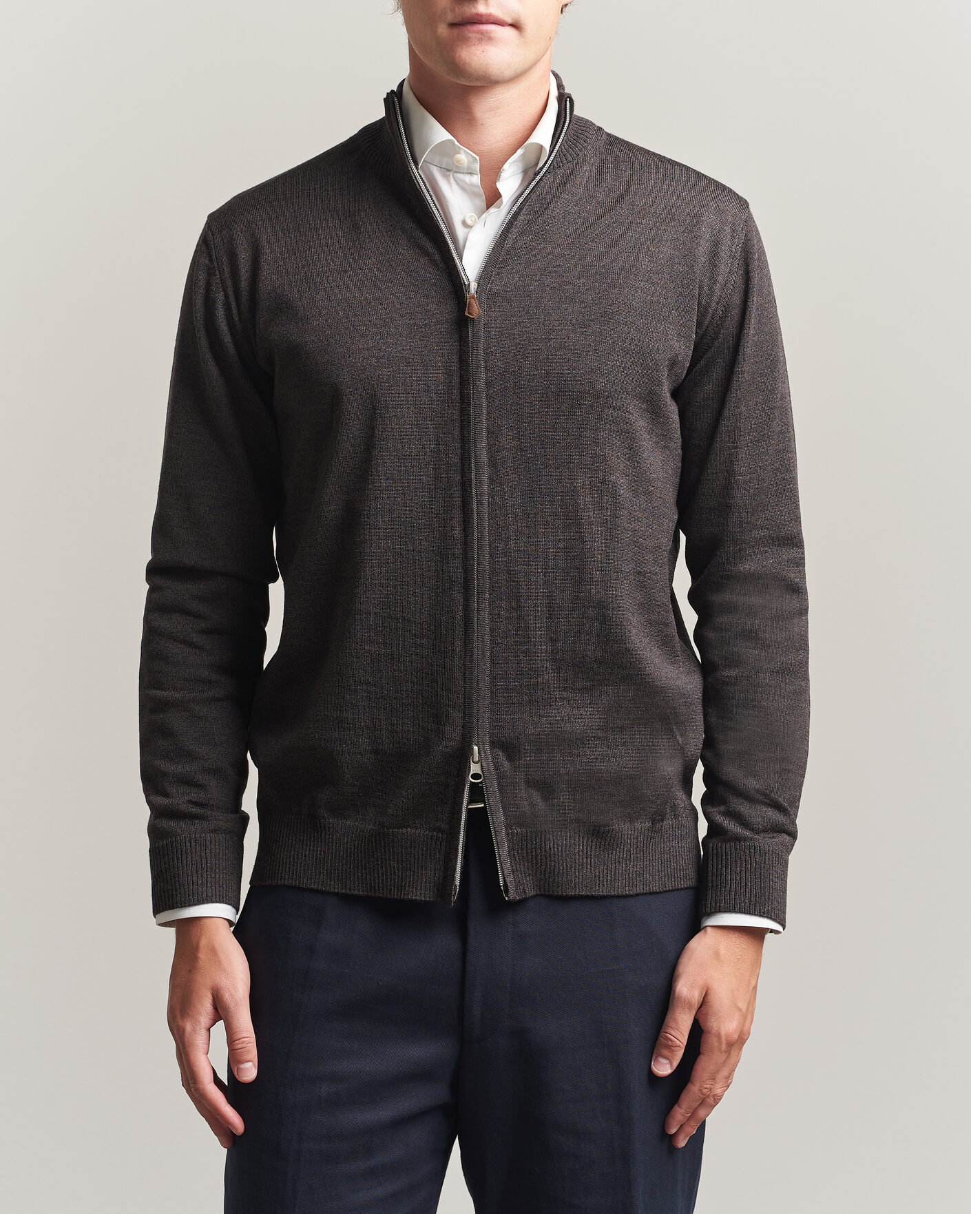 Herren | Pullover | Stenströms | Merino Full Zip Dark Brown