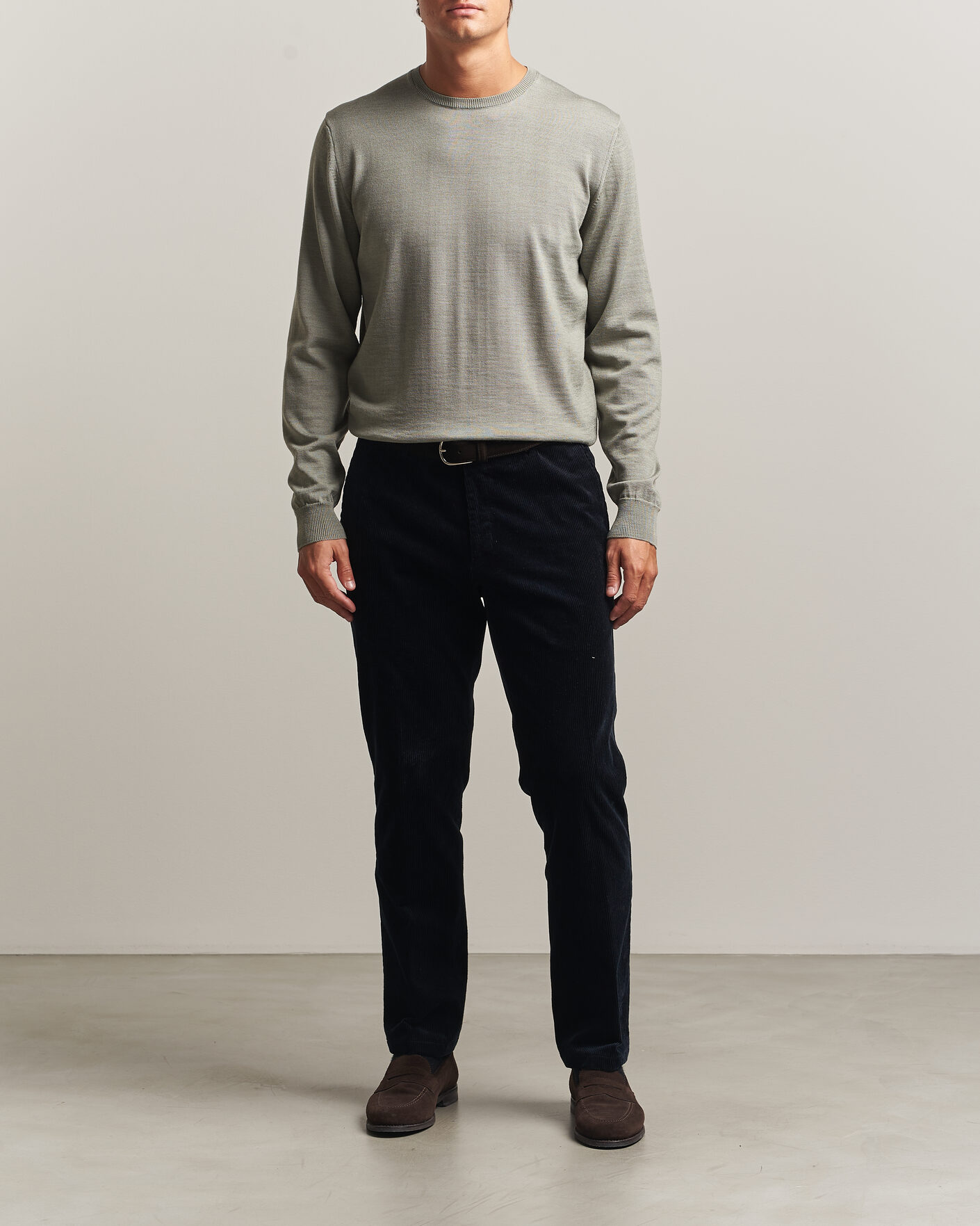 Herren | Pullover | Stenströms | Merino Patch Crew Neck Green/Grey