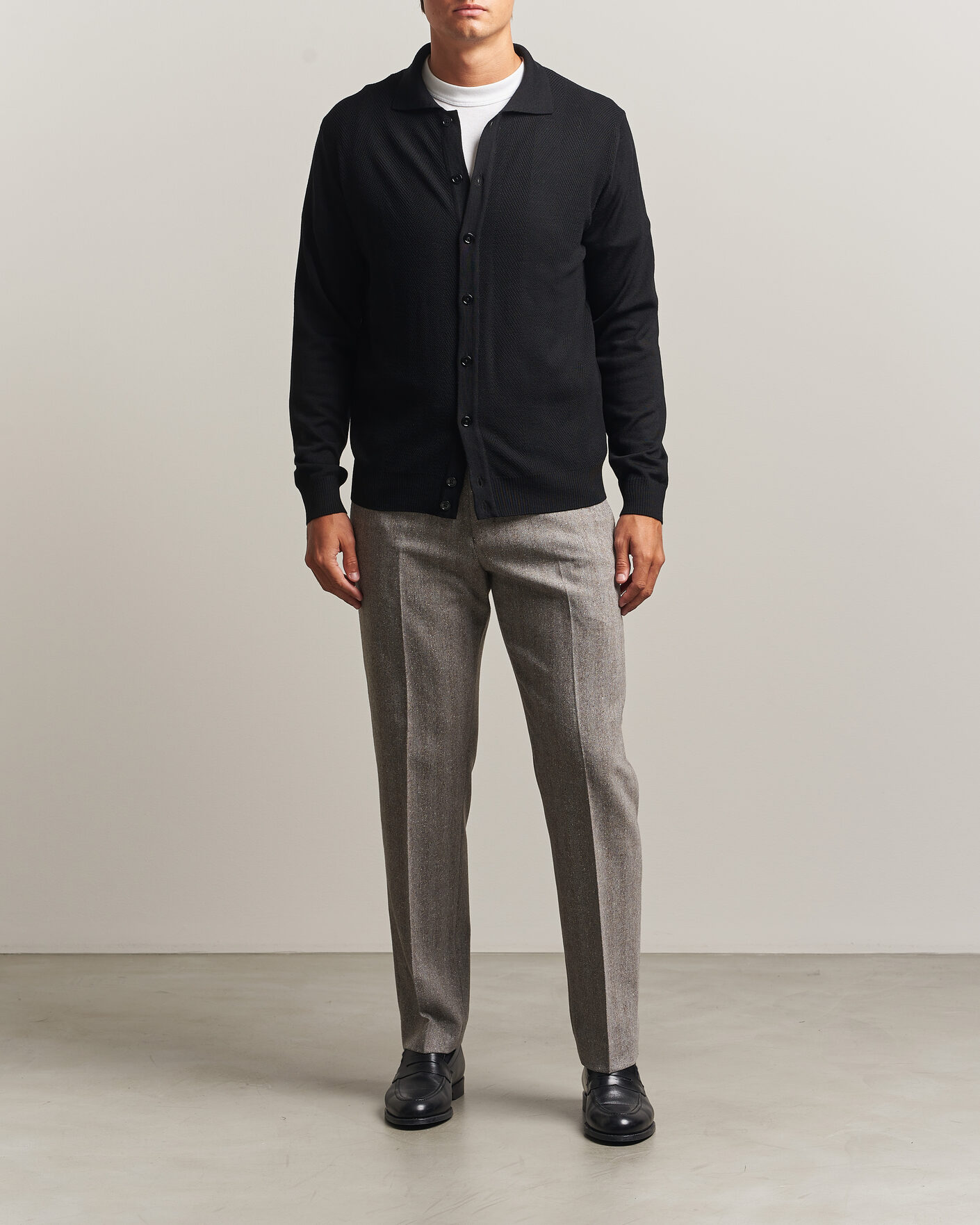 Herren | Pullover | Stenströms | Merino Herringbone Polo Cardigan Black