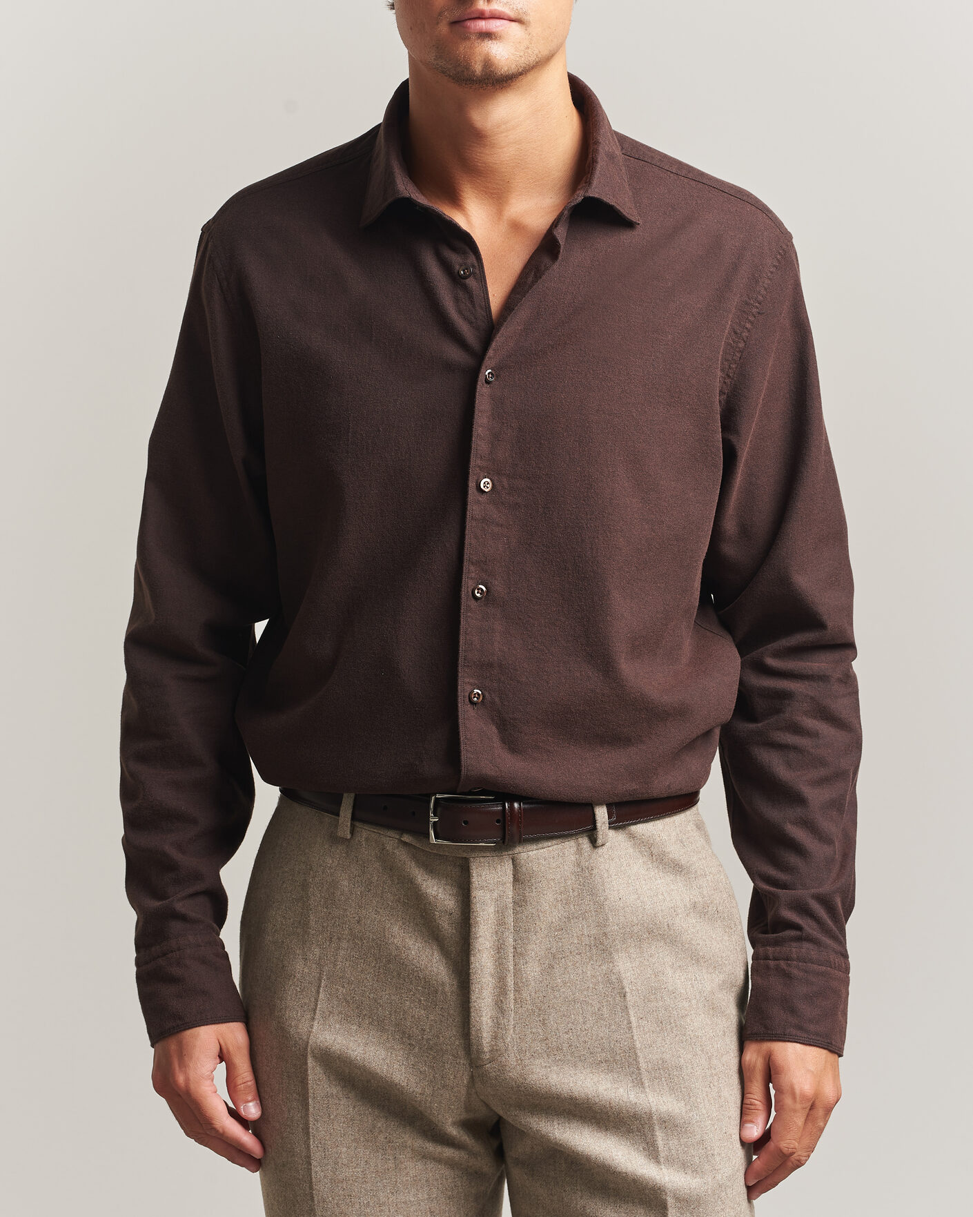 Herren | Hemden | Stenströms | Regular Fit Cut Away Flannel Shirt Brown