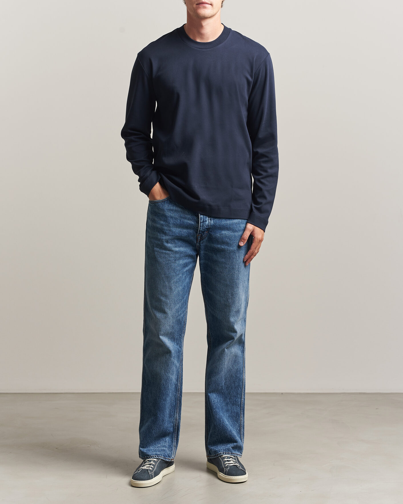 Herren | T-Shirts | Sunspel | Heavy Weight Supima Cotton Long Sleeve T-Shirt Navy