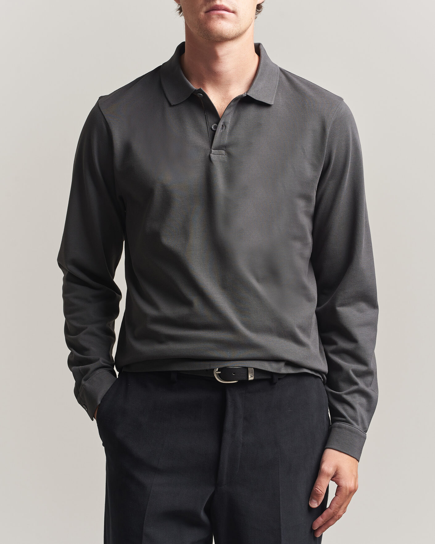 Herren | Poloshirts | Sunspel | Supima Cotton Long Sleeve Pique Polo Anthracite
