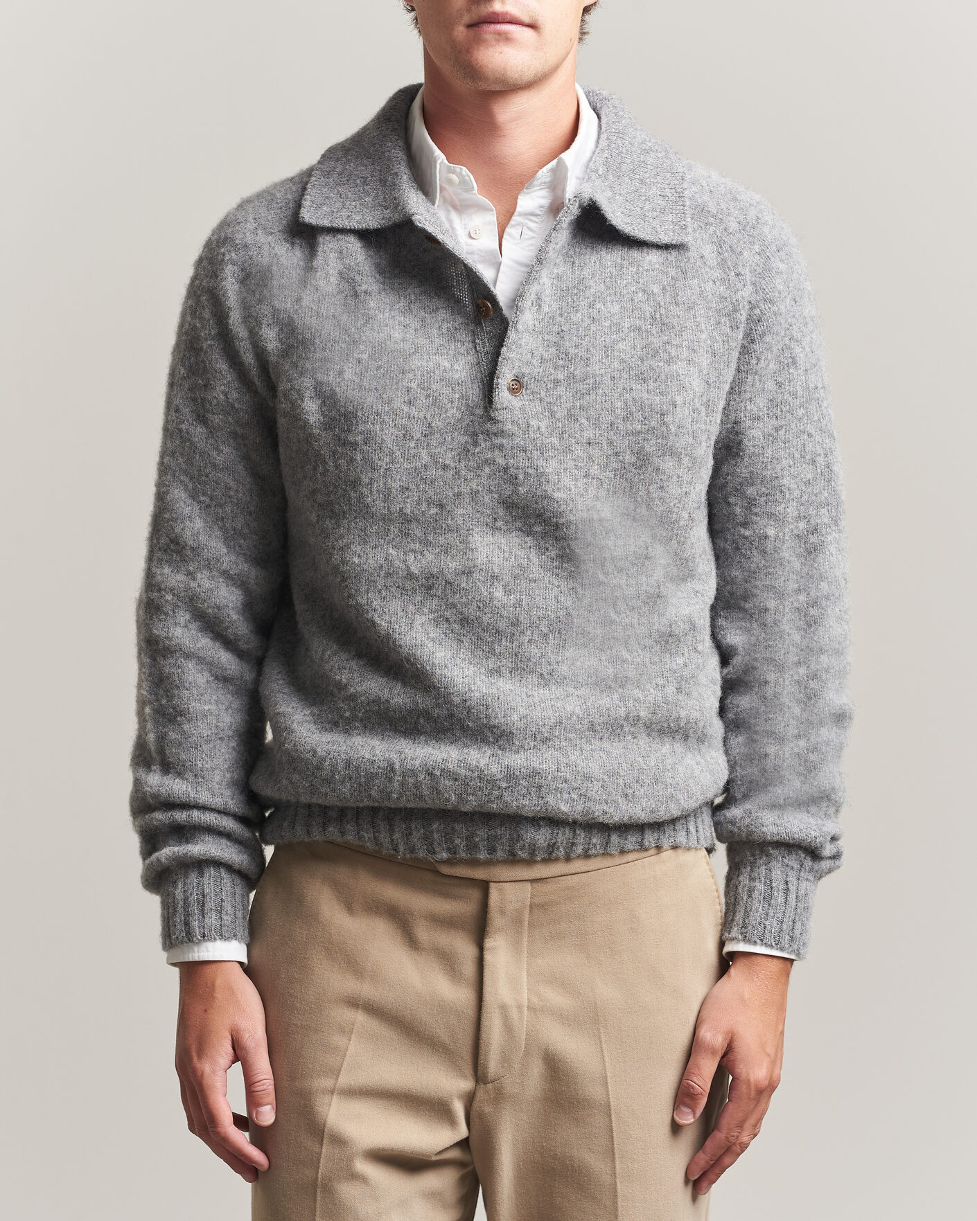 Herren | Pullover | Harley Of Scotland | Brushed Supersoft Lambswool Polo Mid Grey