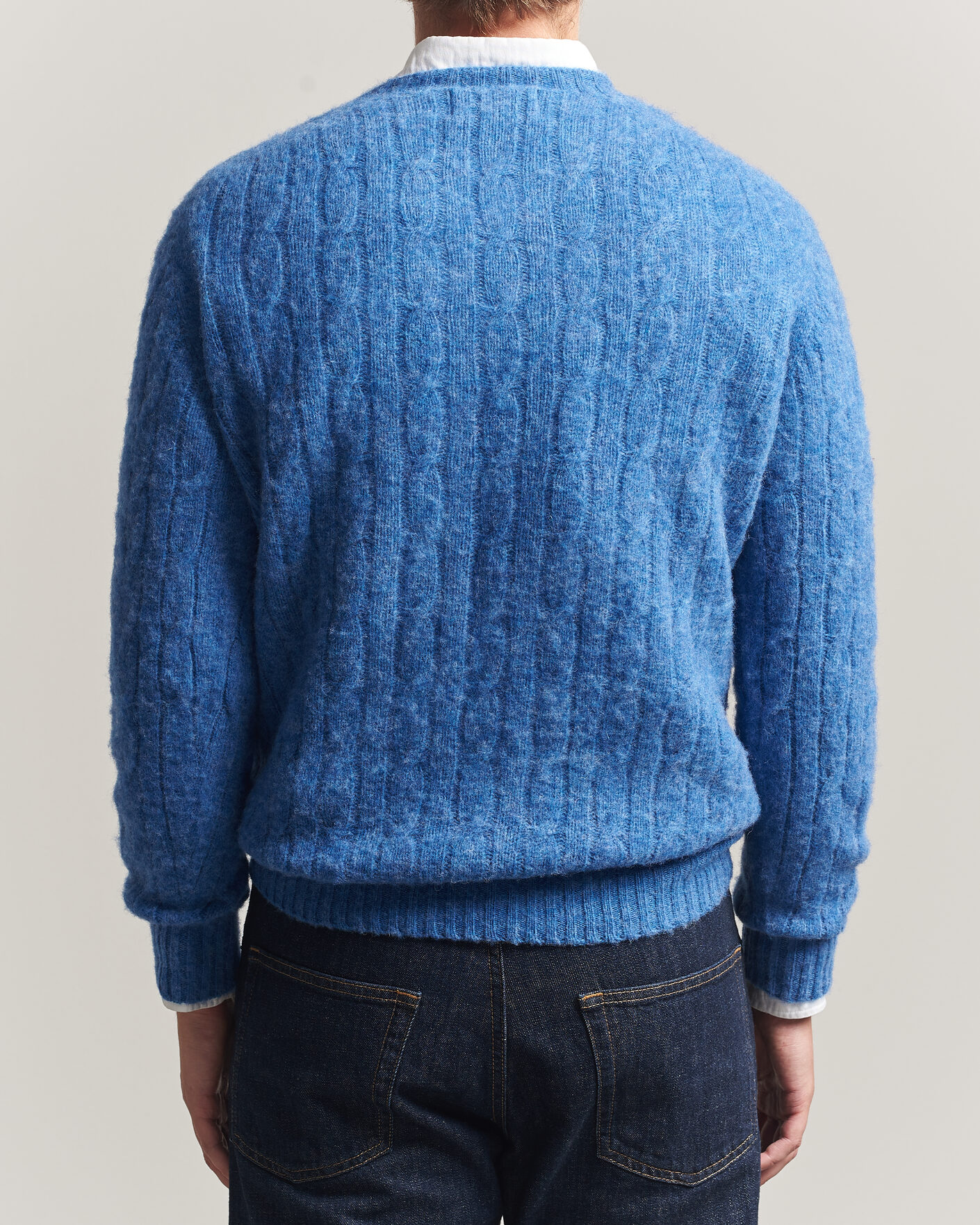 Herren | Pullover | Harley Of Scotland | Brushed Supersoft Lambswool Cable Cobalt