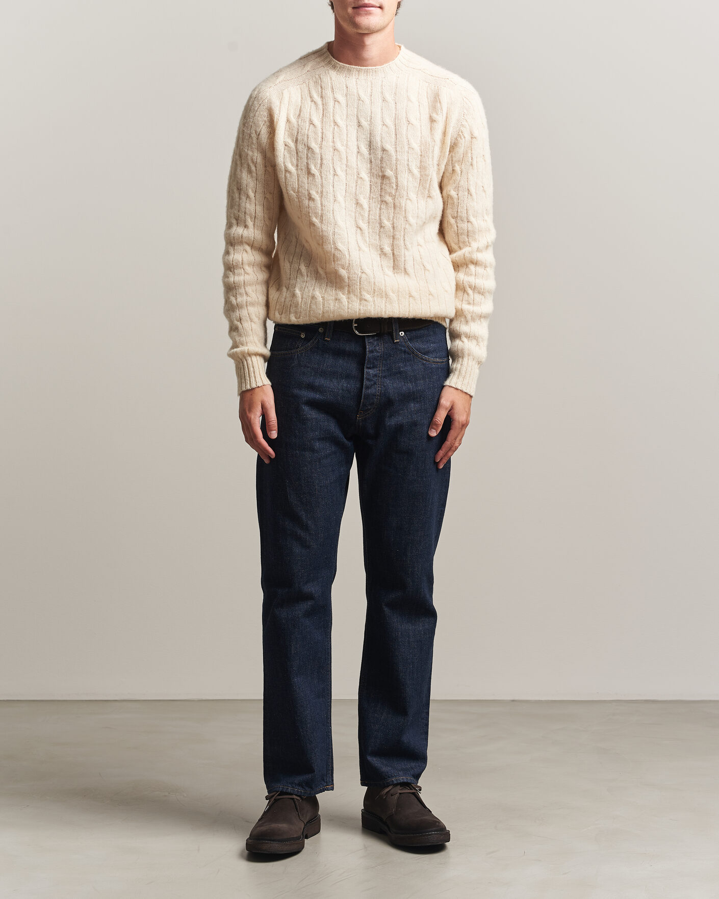 Herren | Pullover | Harley Of Scotland | Brushed Supersoft Lambswool Cable Vanilla