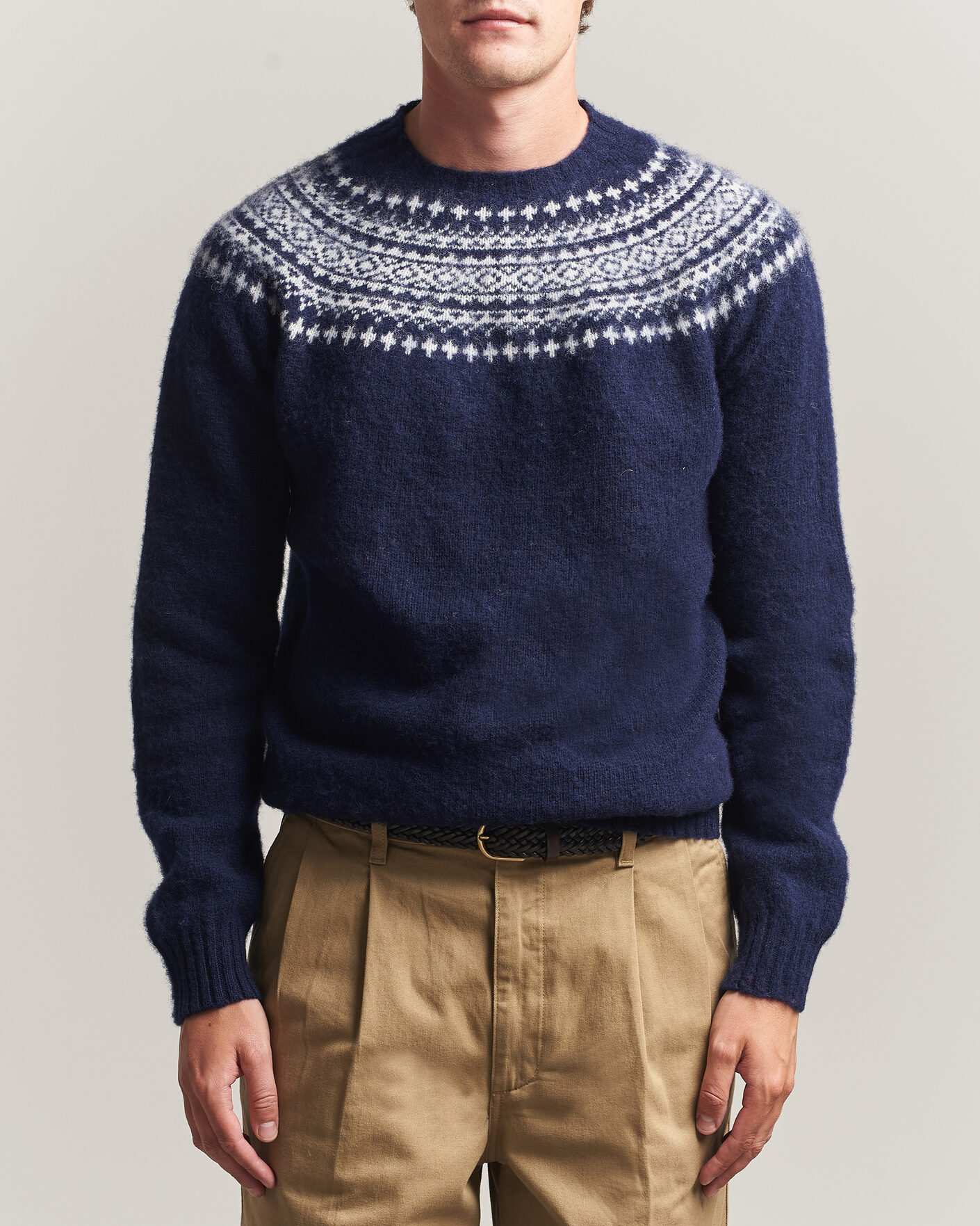 Herren | Pullover | Harley Of Scotland | Brushed Supersoft Lambswool Yolk Fairisle Navy/Snow White