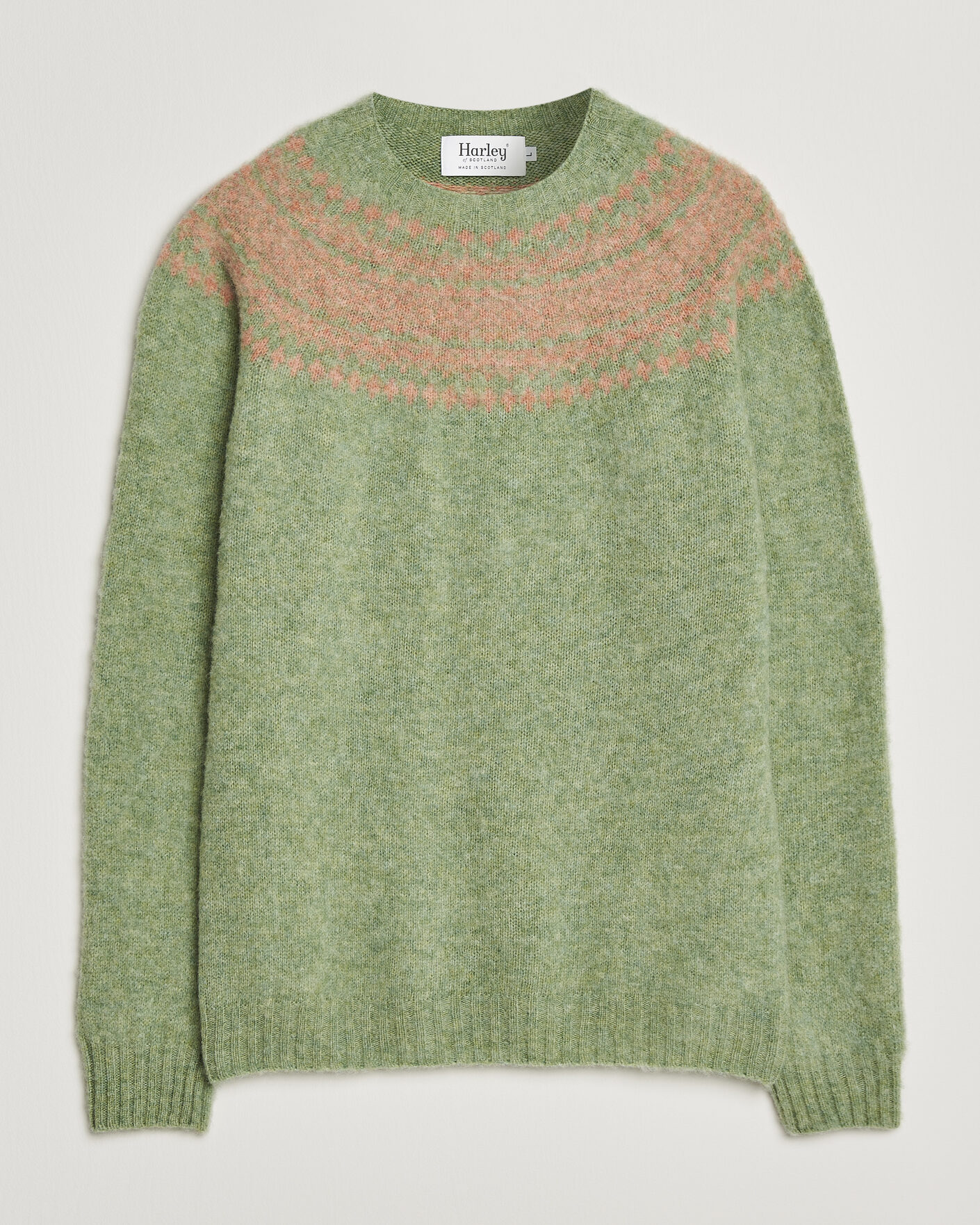 Herren | Pullover | Harley Of Scotland | Brushed Supersoft Lambswool Yolk Fairisle Sage/Parfait