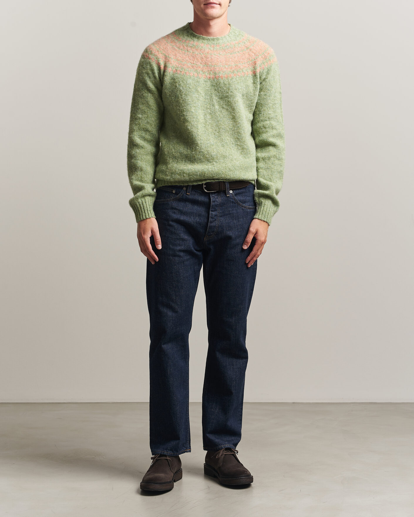 Herren | Pullover | Harley Of Scotland | Brushed Supersoft Lambswool Yolk Fairisle Sage/Parfait