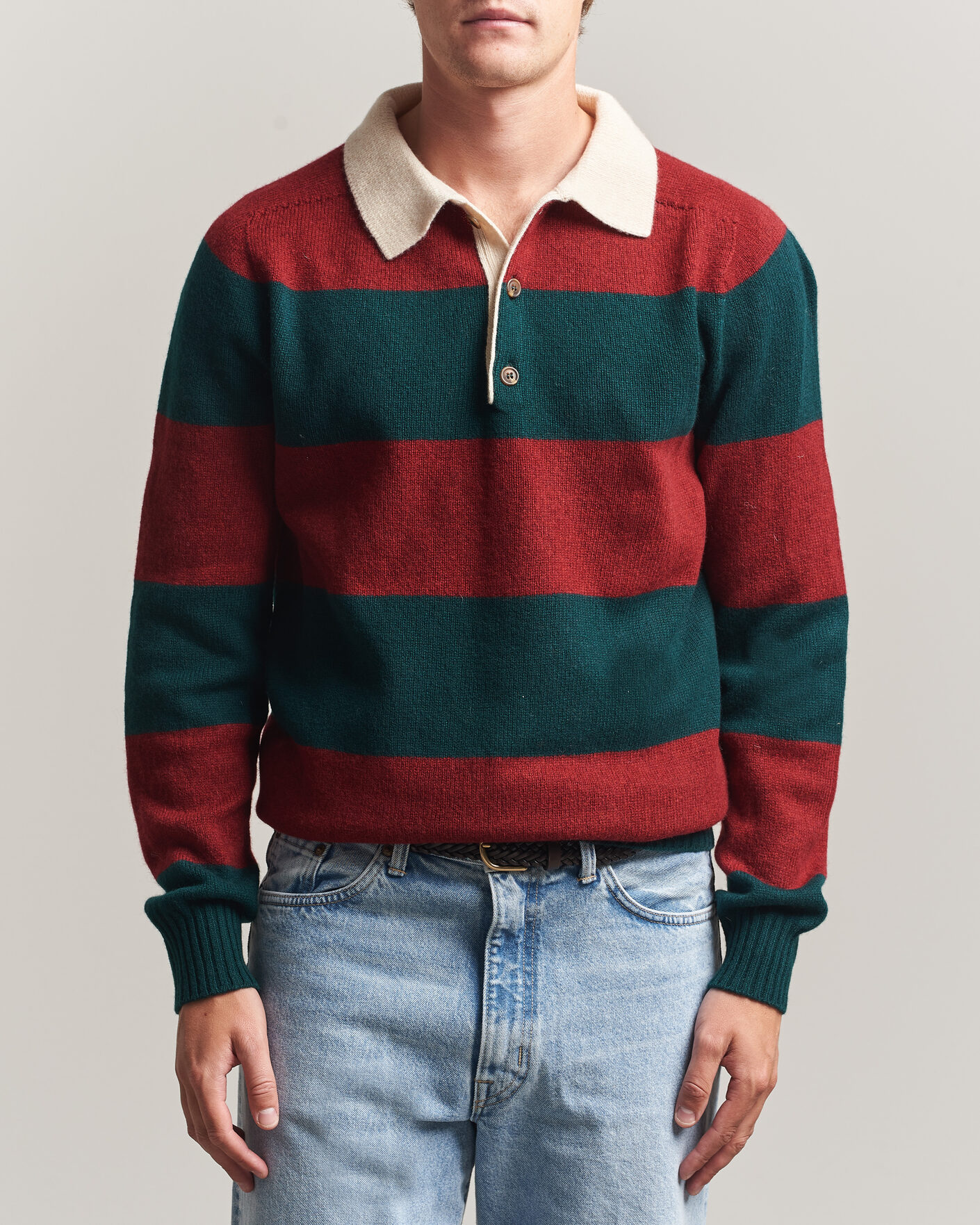 Herren | Pullover | Harley Of Scotland | Supersoft 2ply Lambswool Rugby Green/Red