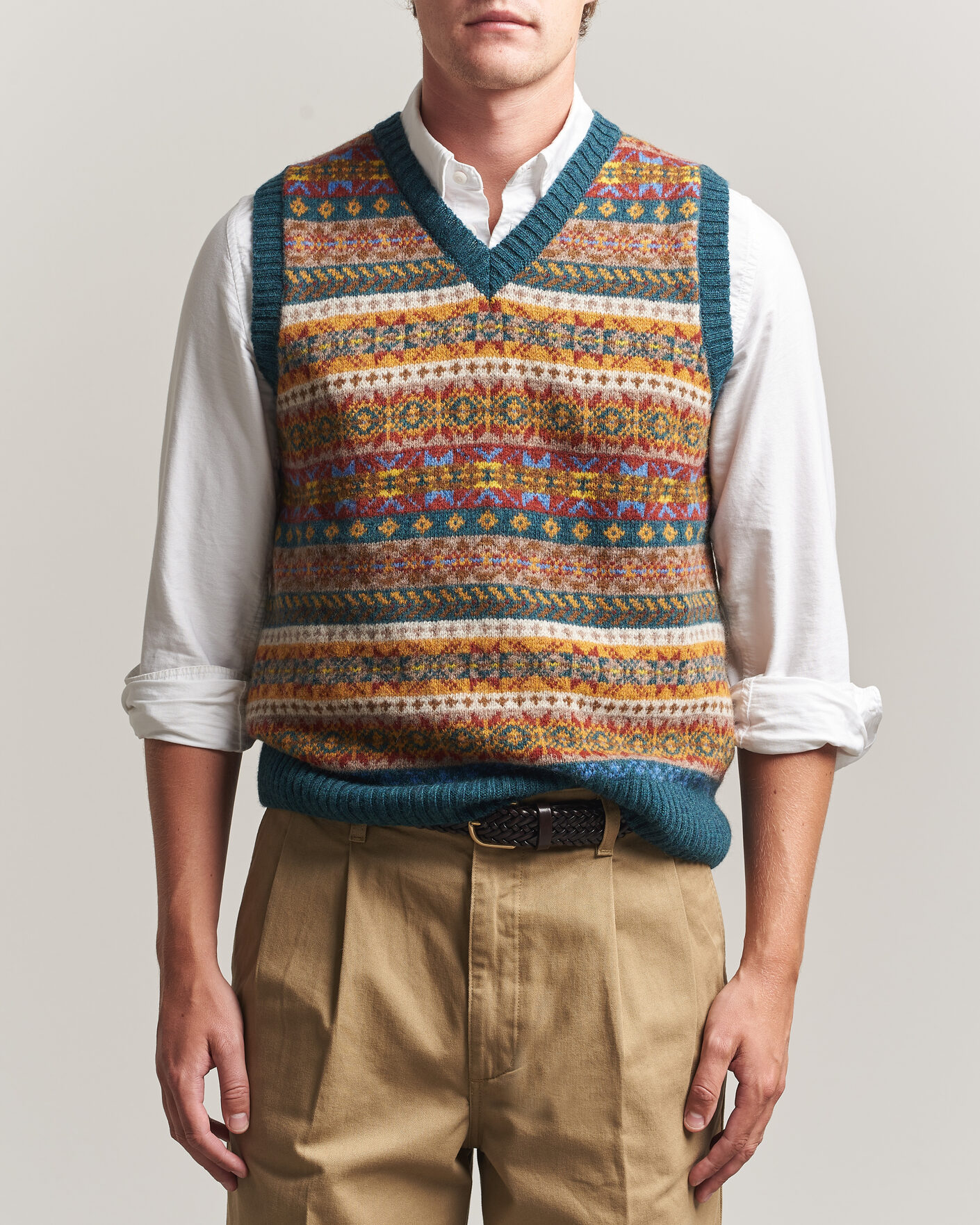 Herren | Pullover | Harley Of Scotland | Supersoft 2ply Lambswool Fairisle Vest Tempest