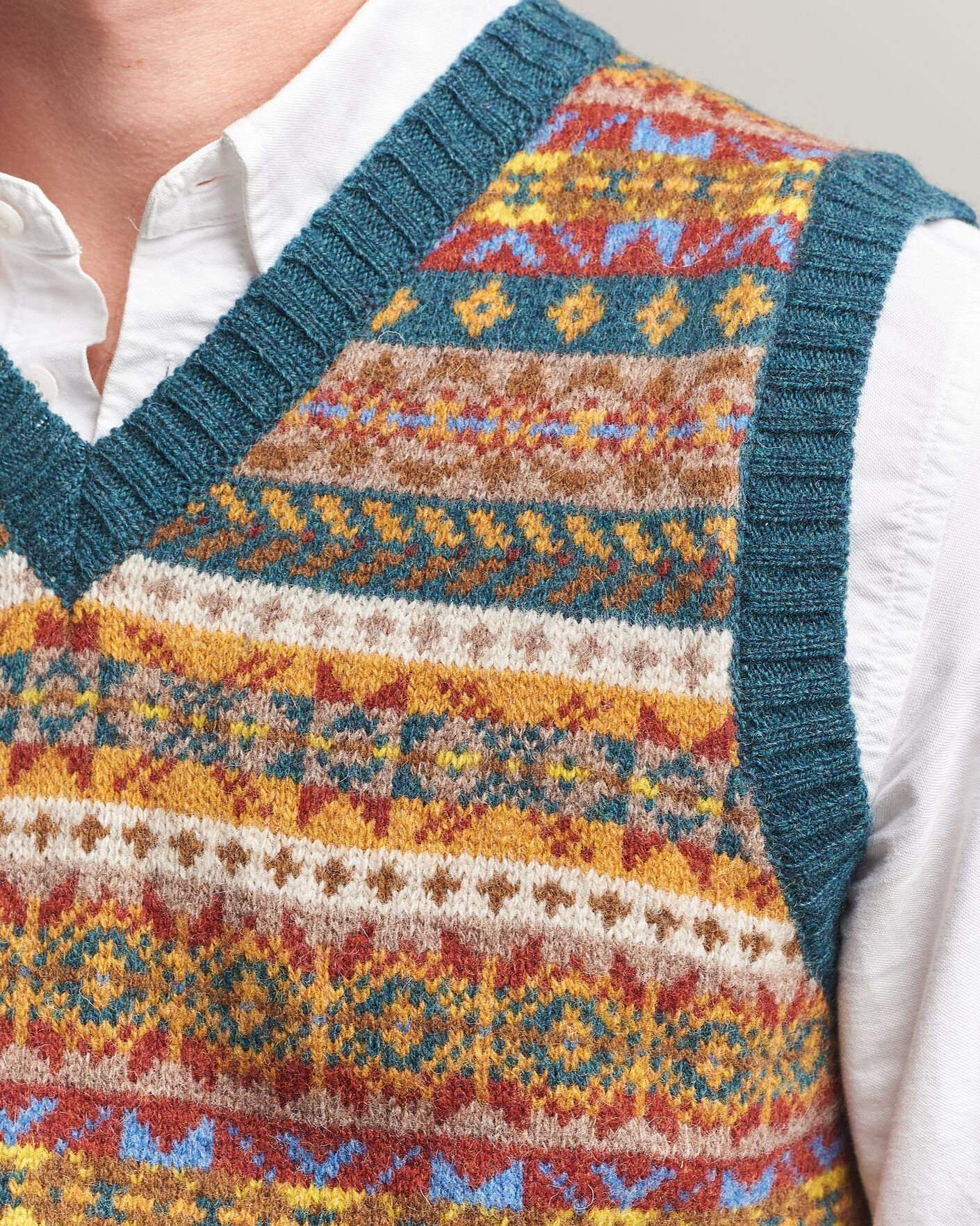 Herren | Pullover | Harley Of Scotland | Supersoft 2ply Lambswool Fairisle Vest Tempest