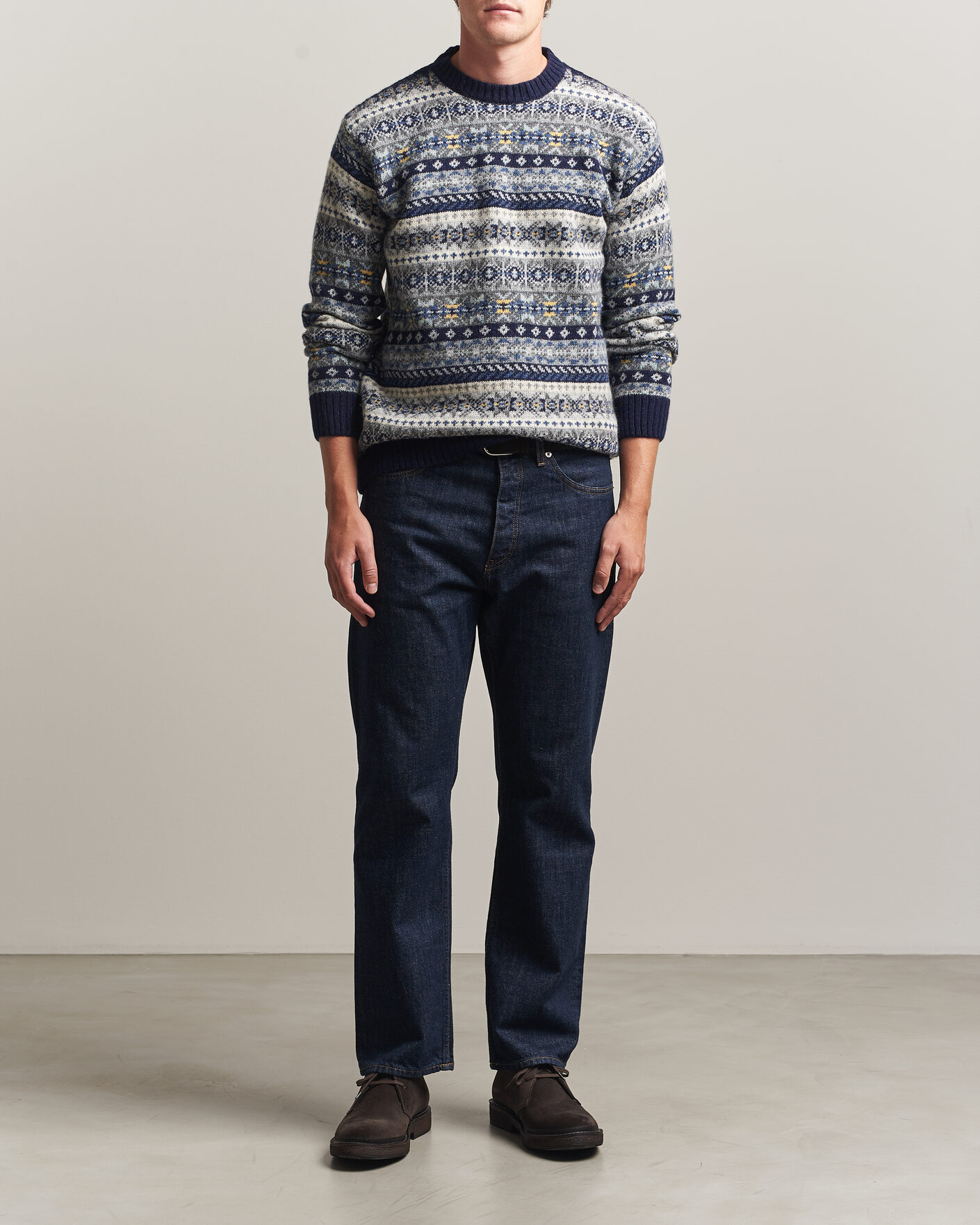 Herren | Pullover | Harley Of Scotland | Supersoft 2ply Lambswool Fairisle Crew Navy