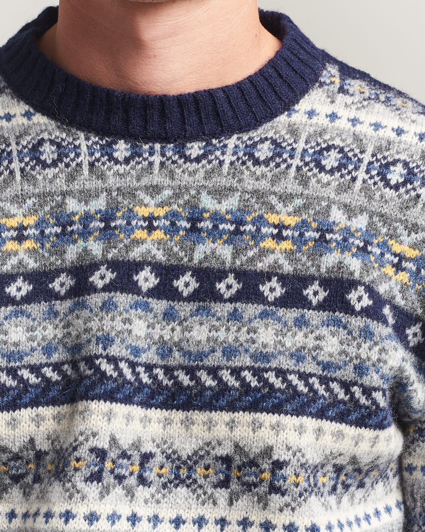 Herren | Pullover | Harley Of Scotland | Supersoft 2ply Lambswool Fairisle Crew Navy