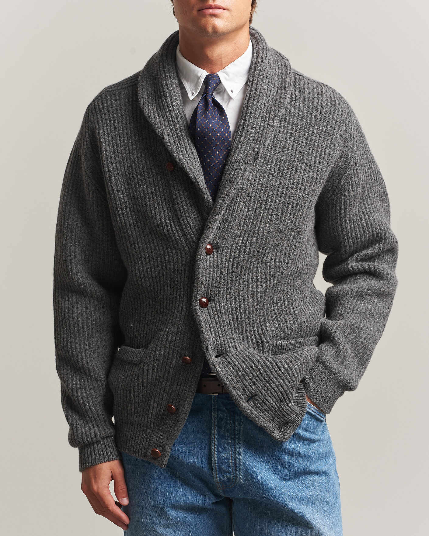 Herren | Pullover | Drake's | Lambswool Shawl Collar Rib Cardigan Grey