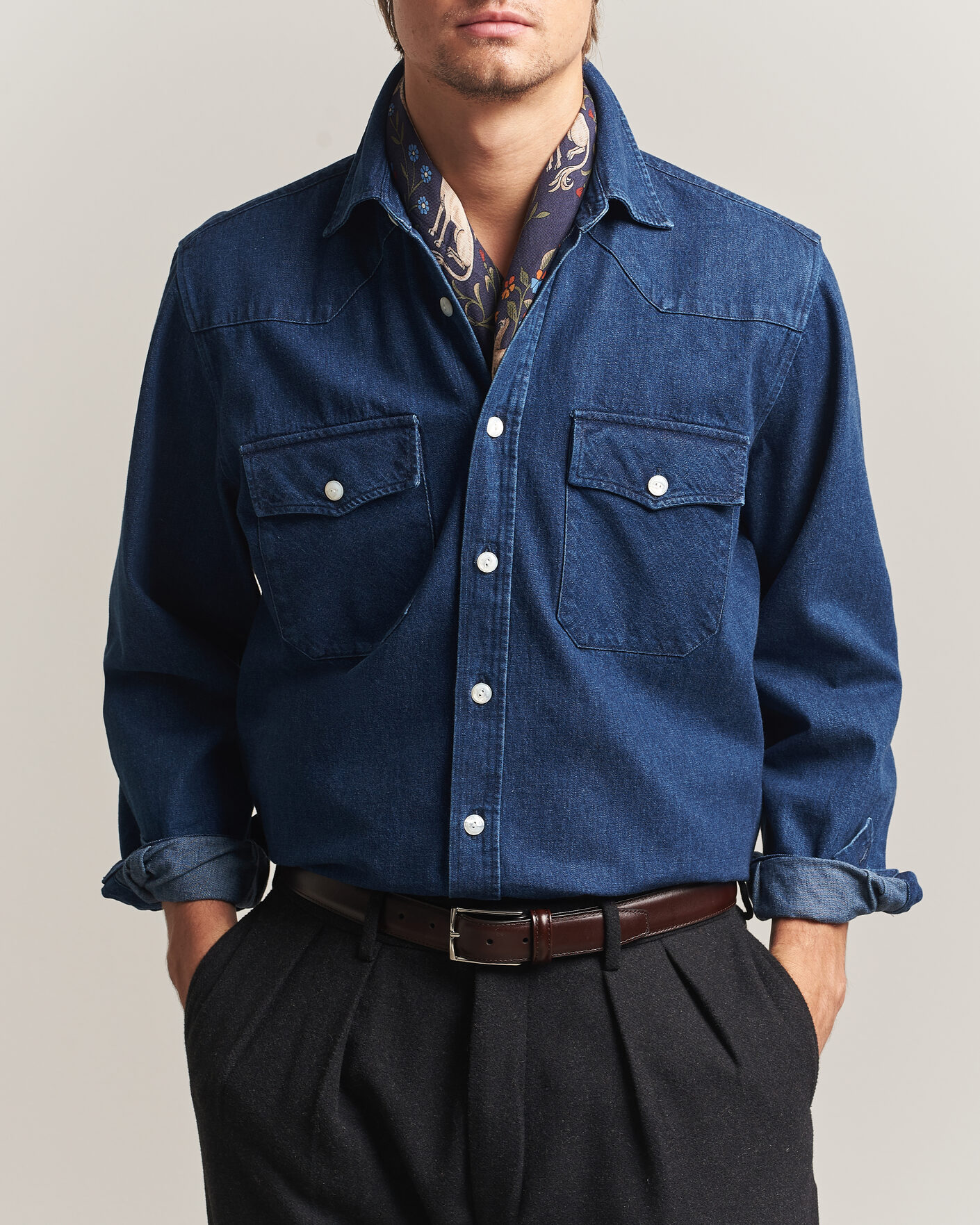 Herren | Hemden | Drake's | Western Selvedge Denim Shirt Stone Wash Indigo