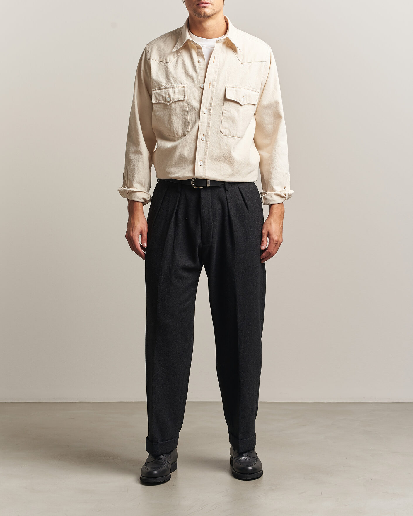 Herren | Hemden | Drake's | Western Denim Shirt Stone Wash Ecru