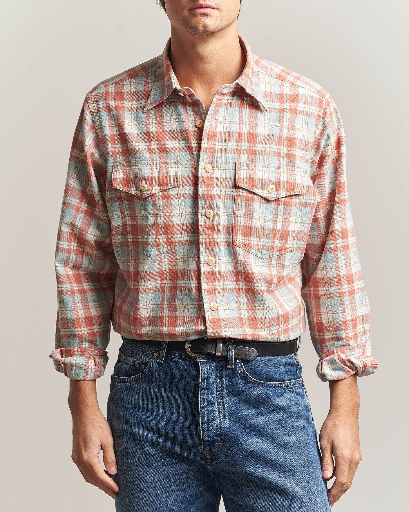 Herren | Hemden | Drake's | Two Pocket Check Shirt Pink/Blue