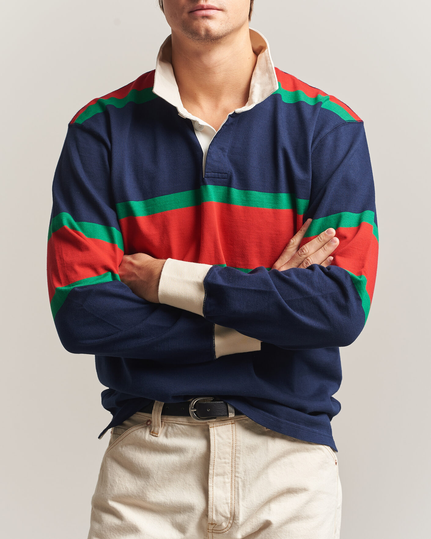 Herren | Pullover | Drake's | Middle Stripe Rugby Navy/Red/Green