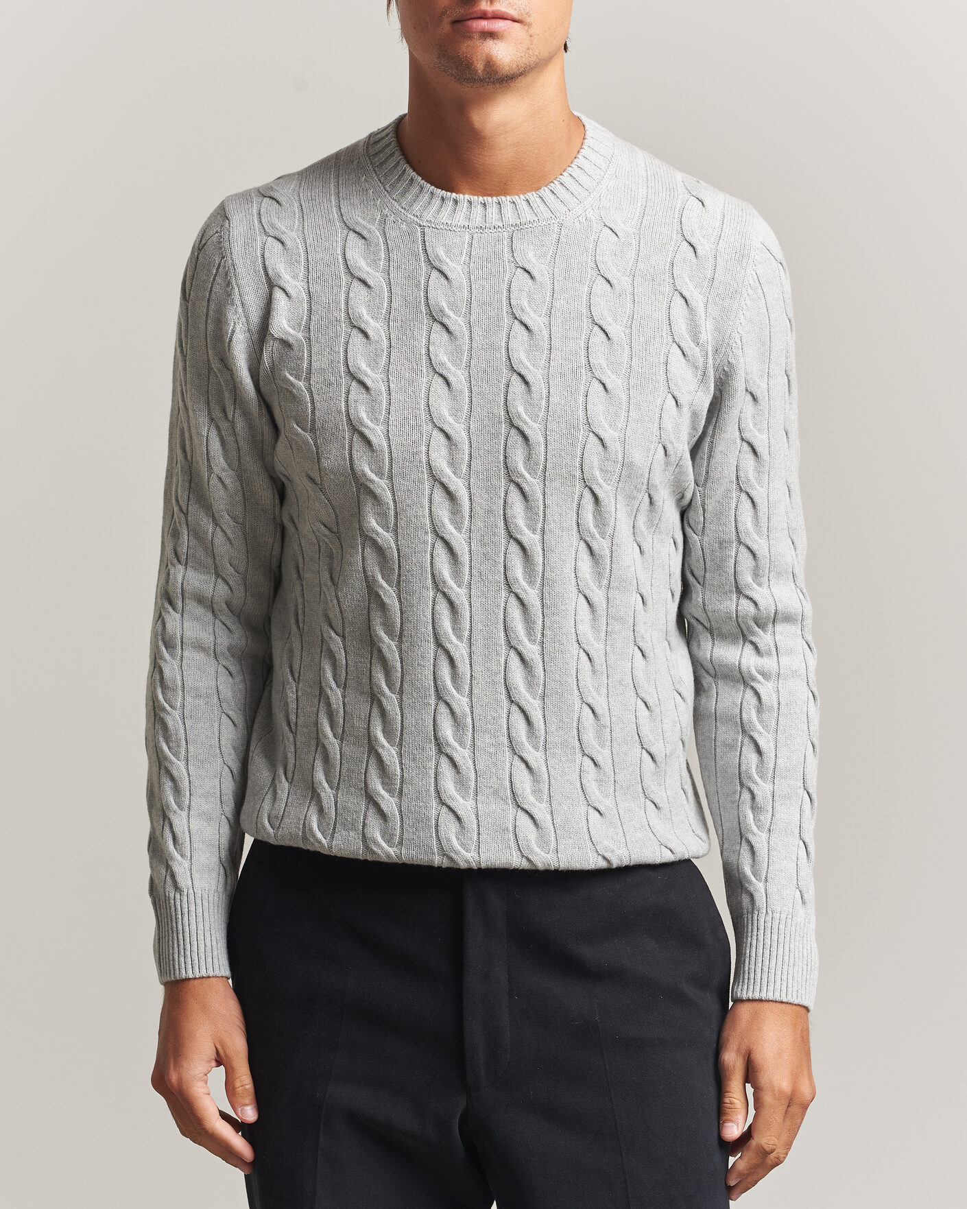 Herren | Pullover | Gran Sasso | Wool/Cashmere Cable Crew Neck Light Grey Melange