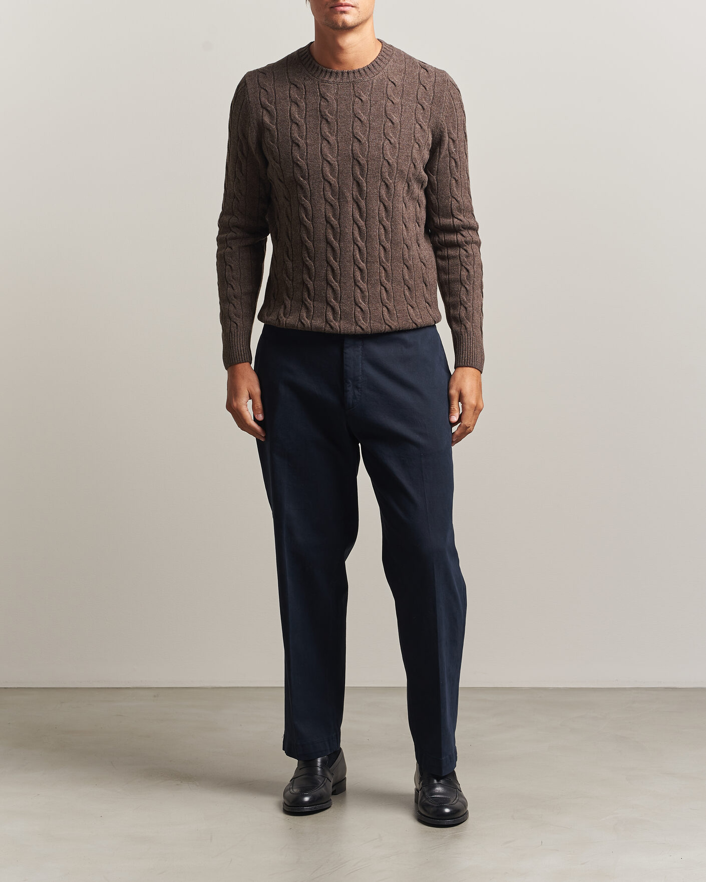 Herren | Pullover | Gran Sasso | Wool/Cashmere Cable Crew Neck Dark Brown Melange