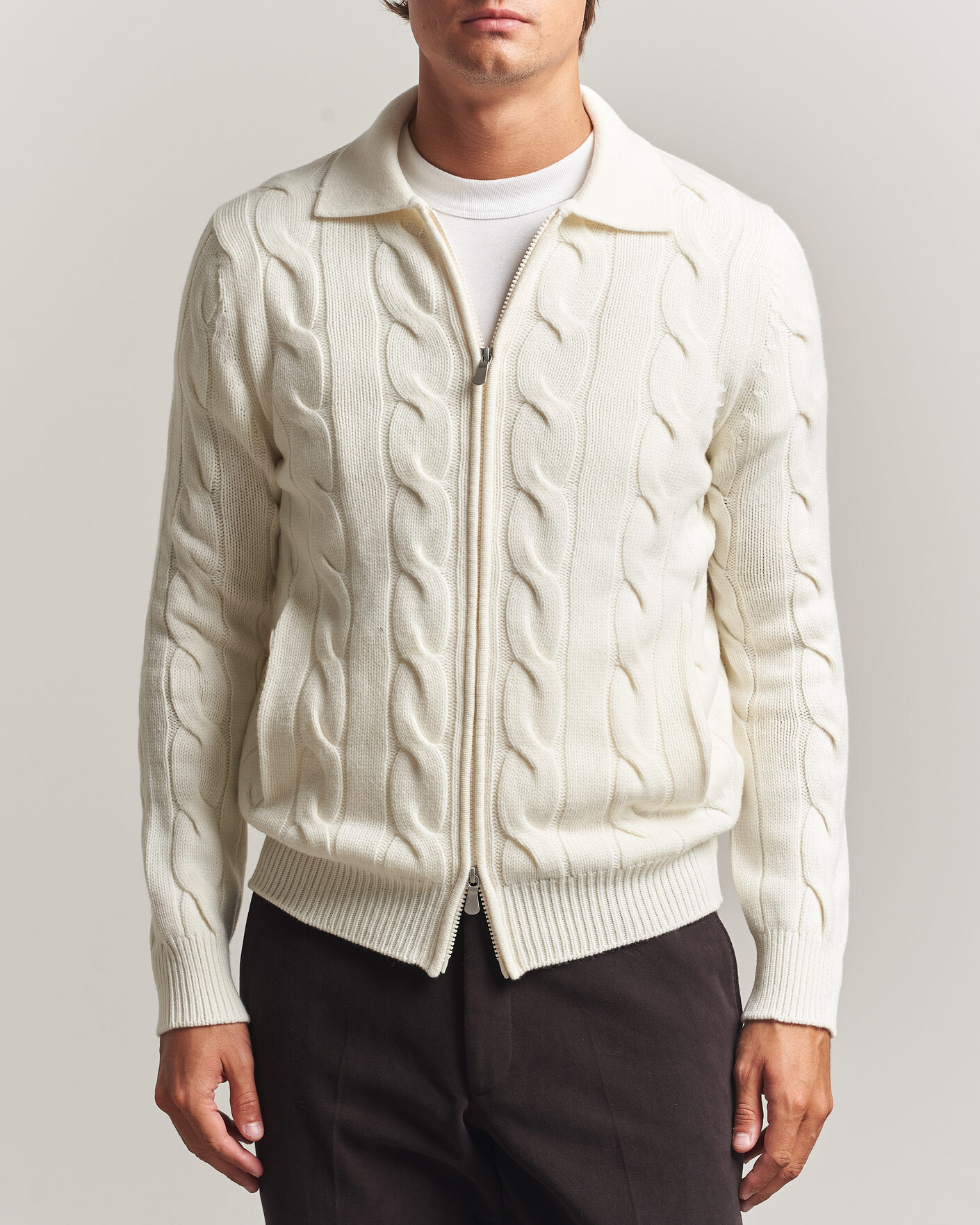 Herren | Pullover | Gran Sasso | Wool/Cashmere Cable Full Zip Cream
