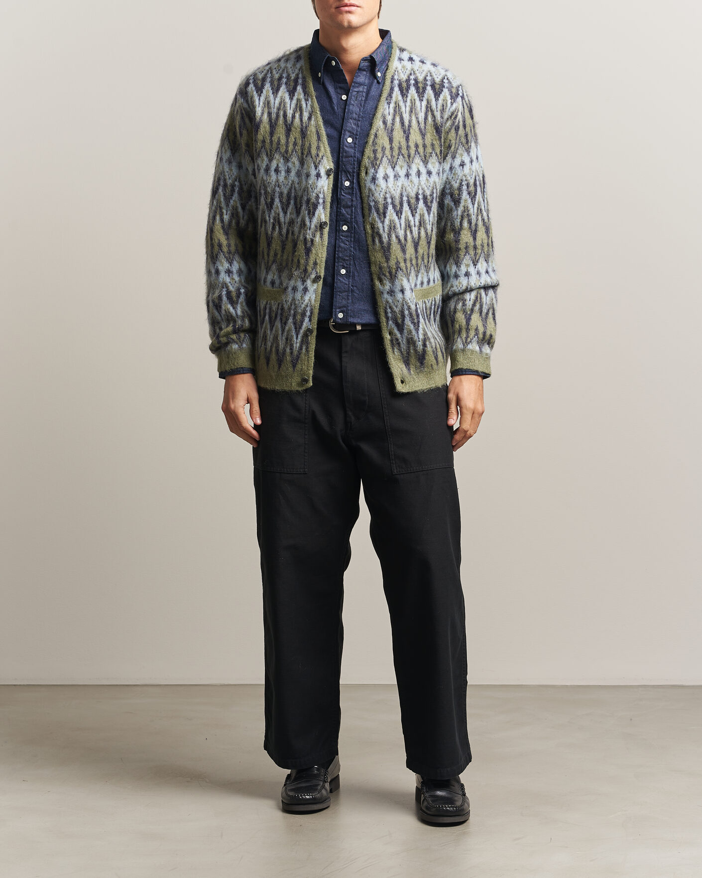 Herren | Pullover | BEAMS PLUS | Chevron Jacquard Cardigan Green/Grey