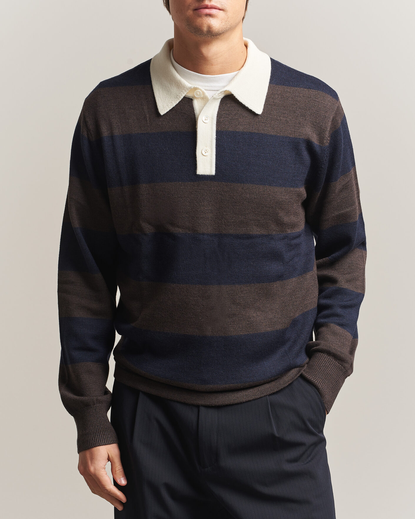 Herren | Pullover | A Day's March | Kenny Striped Merino Rugby Sweater Brown/Navy
