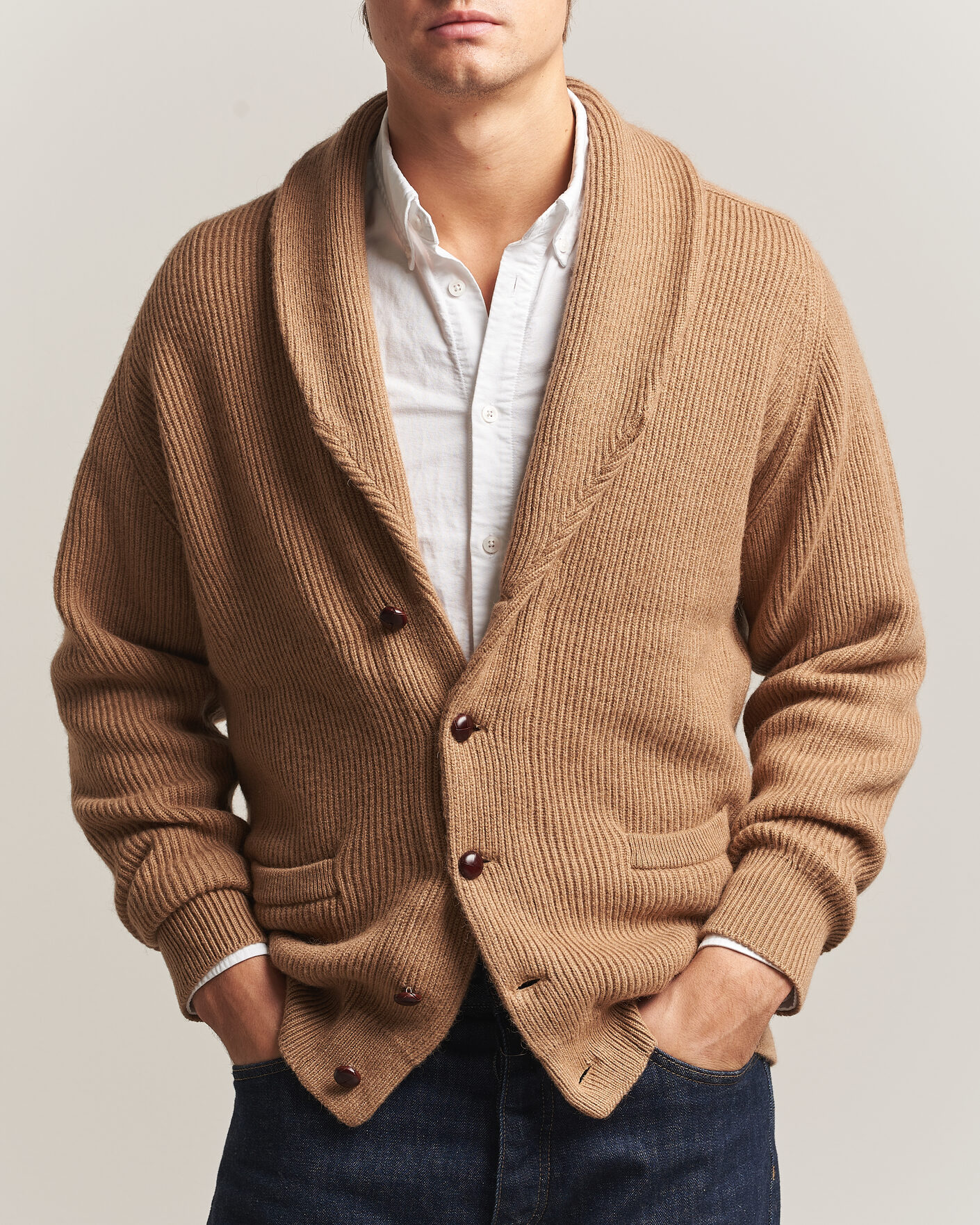 Herren | Pullover | William Lockie | Windsor Camelhair Shawl Cardigan Natural Brown