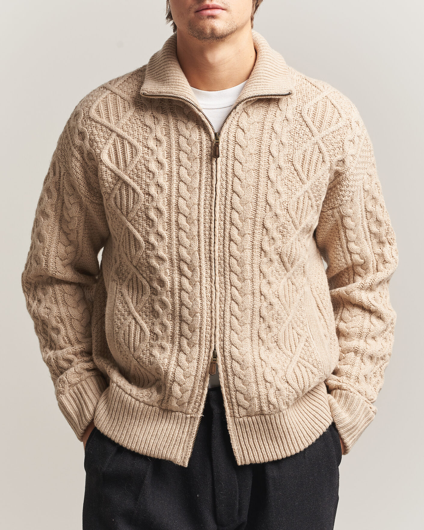 Herren | Pullover | Polo Ralph Lauren | Wool/Alpaca Aran Full-Zip Jicama Brown Heather