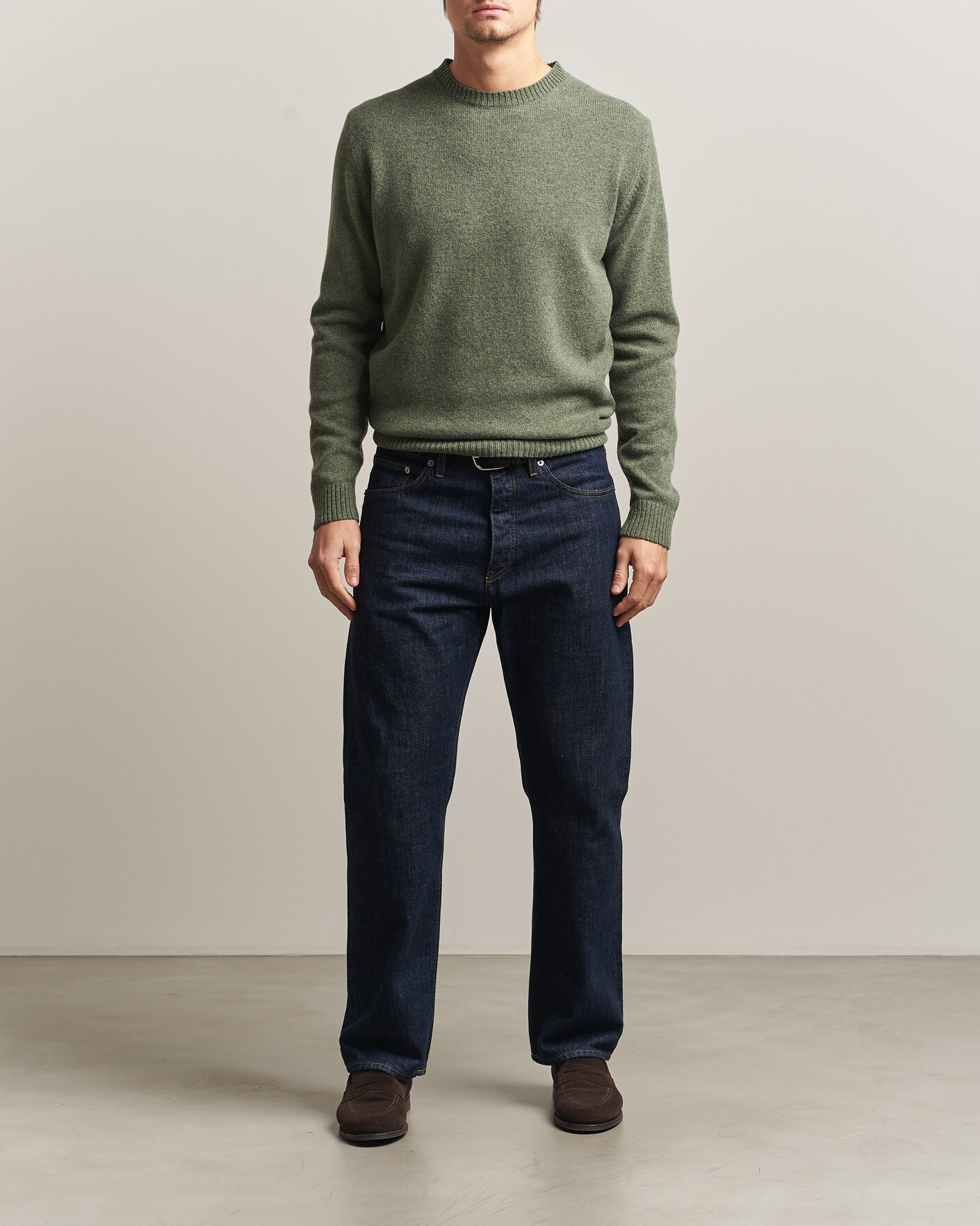 Herren | Pullover | Stenströms | Knitted Lambswool Crew Neck Light Army Green Melange