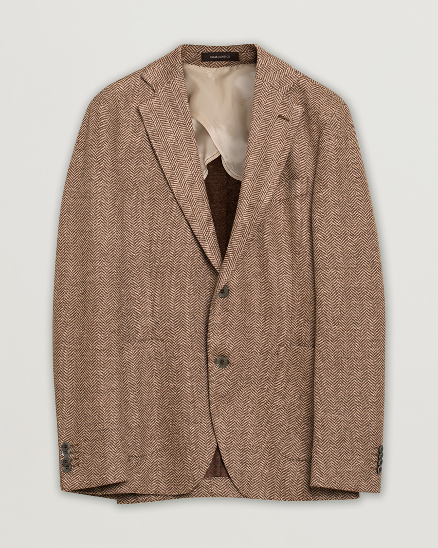 Herren | Oscar Jacobson Egel Patch Herringbone Linen Blazer Brown | Pre-owned | Oscar Jacobson Egel Patch Herringbone Linen Blazer Brown