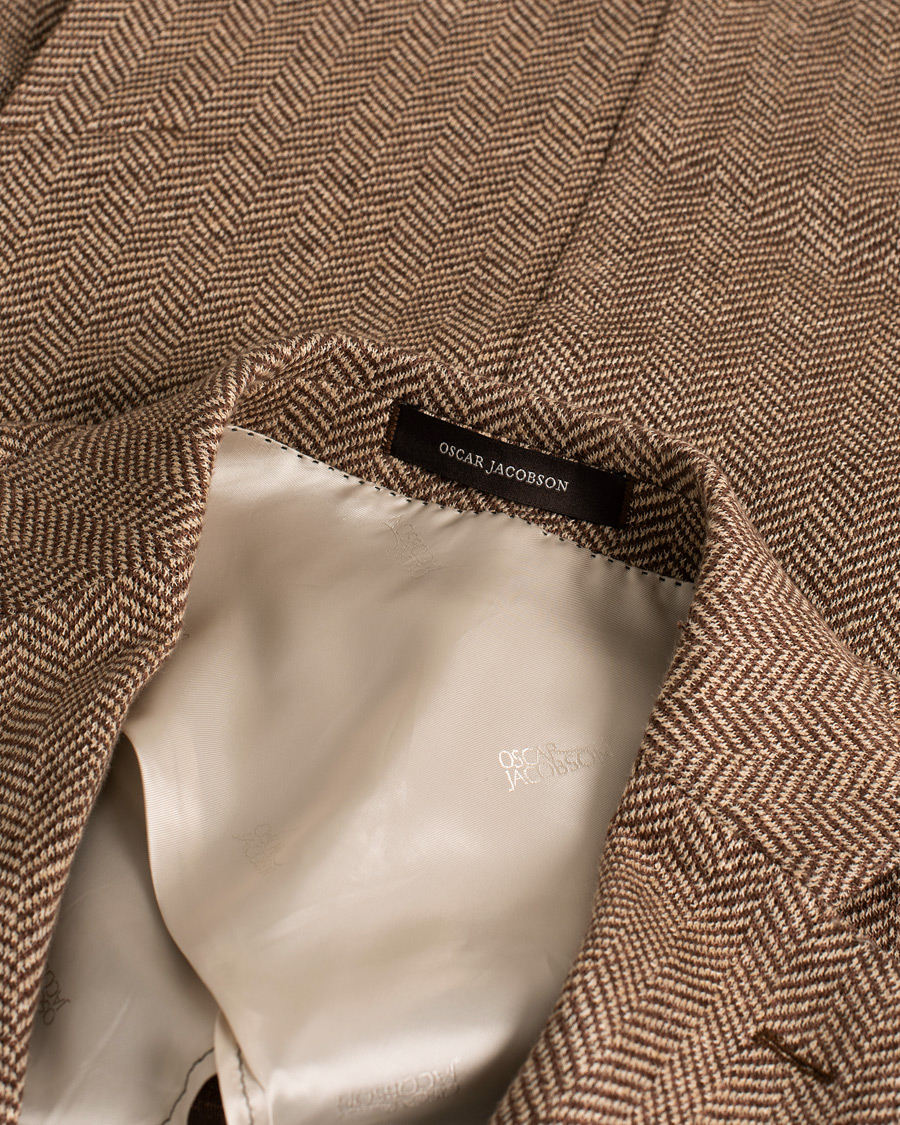 Herren | Oscar Jacobson Egel Patch Herringbone Linen Blazer Brown | Pre-owned | Oscar Jacobson Egel Patch Herringbone Linen Blazer Brown
