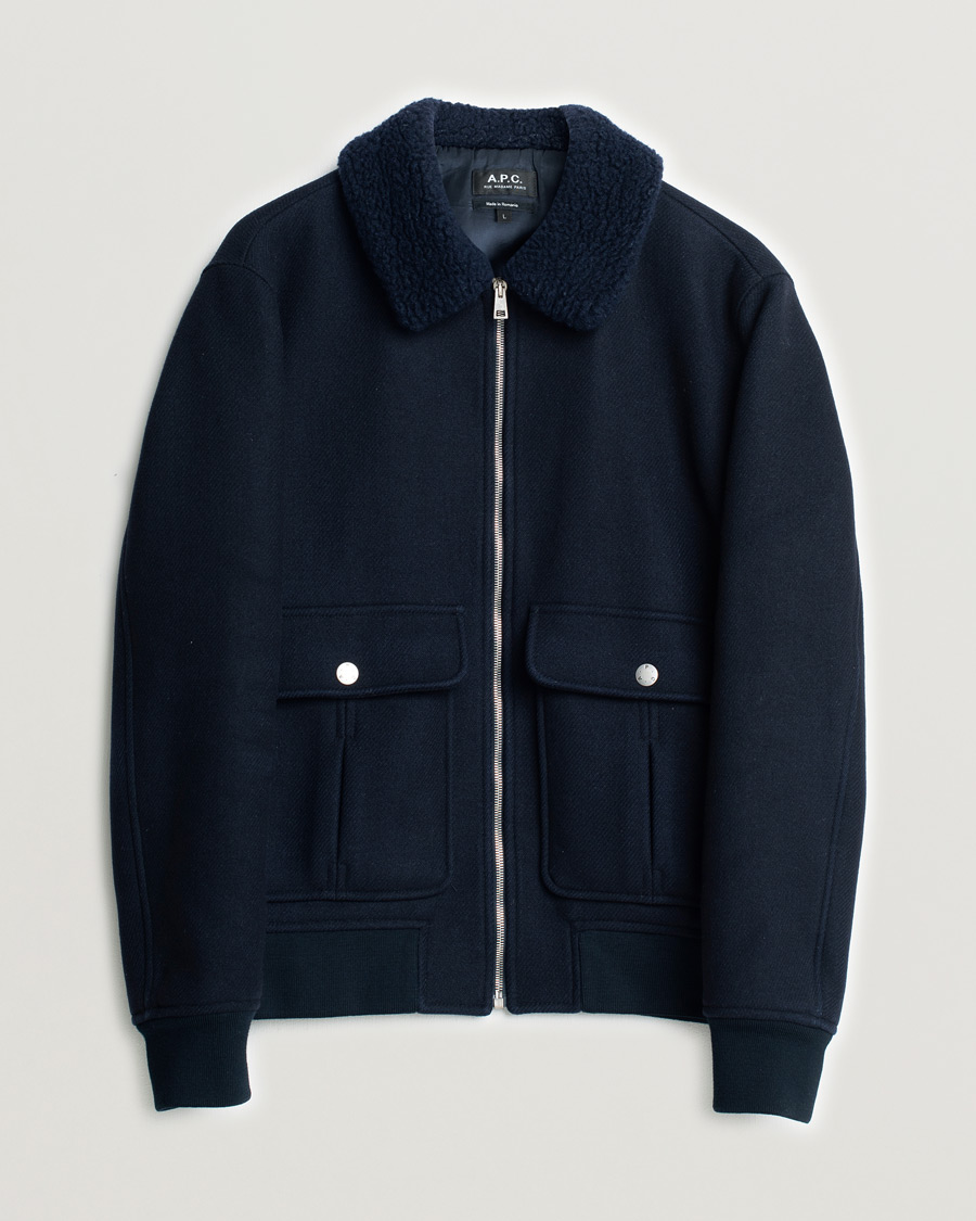 Herren | A.P.C. Ben Shearling Bomber Jacket Dark Navy | Pre-owned | A.P.C. Ben Shearling Bomber Jacket Dark Navy