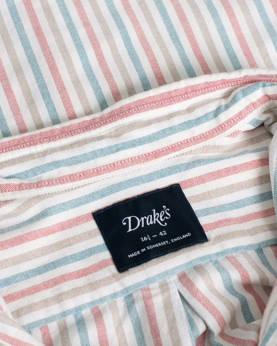 Herren | Drake's Thin Tripple Stripe Oxford Shirt White | Pre-owned | Drake's Thin Tripple Stripe Oxford Shirt White